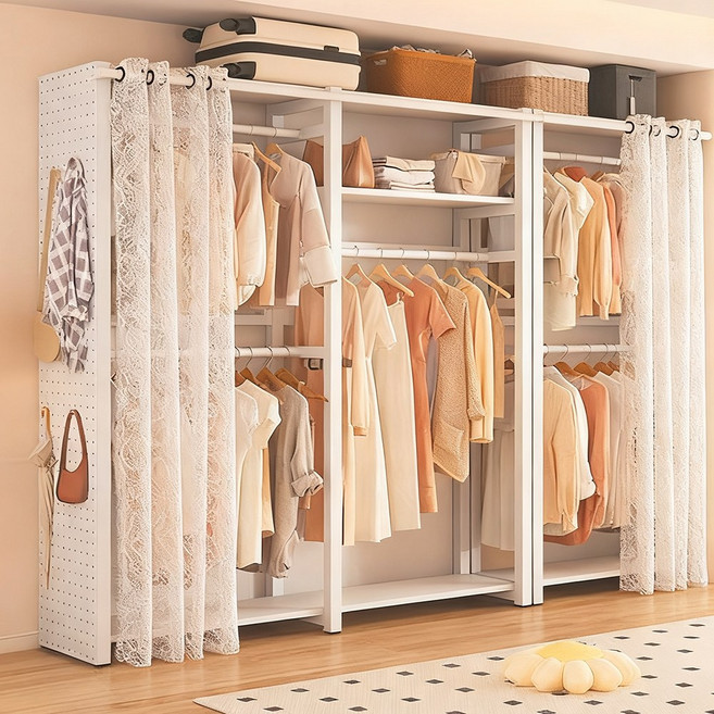 드레스룸 시스템 철제 행거 튼튼한 스탠드 행거 오픈형 조립식 원룸옷장, 흰색(A+C)전면 커튼+양쪽 타공판