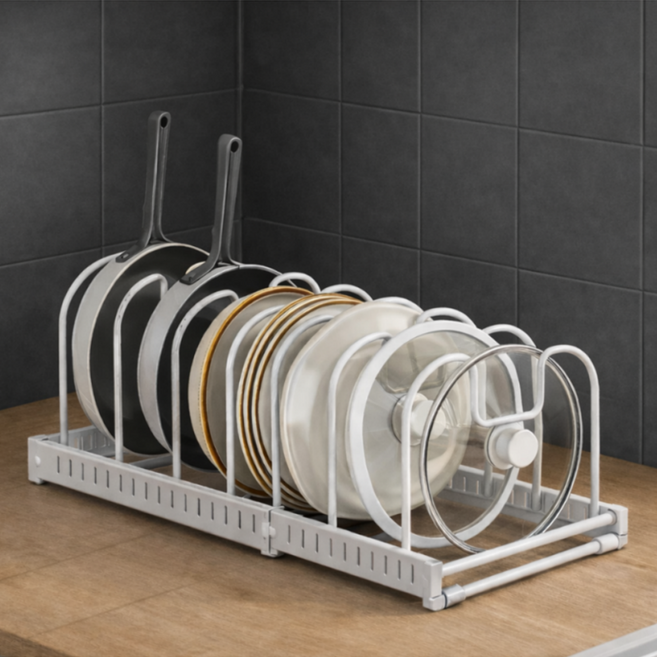 길이조절 냄비 뚜껑 프라이팬 접시 정리대(10단), 1개, 화이트, 1단