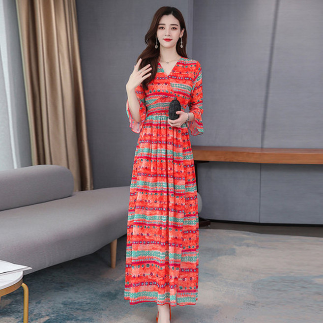 중년 여성 마담 V넥 슬림 복고풍 봄 가을 롱원피스