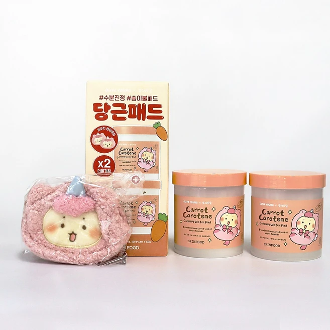 스킨푸드 캐롯 카로틴 카밍 워터 패드 더블 기획 (+망곰 파우치), 2개, 60매입 - 쿠팡