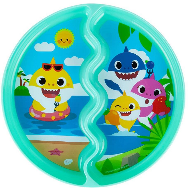The First Years Pinkfong 아기 상어 분할 흡착 플레이트 - 식기 세척기 사용 가능한 아기 접시 흡착 컵 포함 - 단단한 음식을 위한 아기 수유 필수품 아기, The First Years Pinkfong 상어 분할