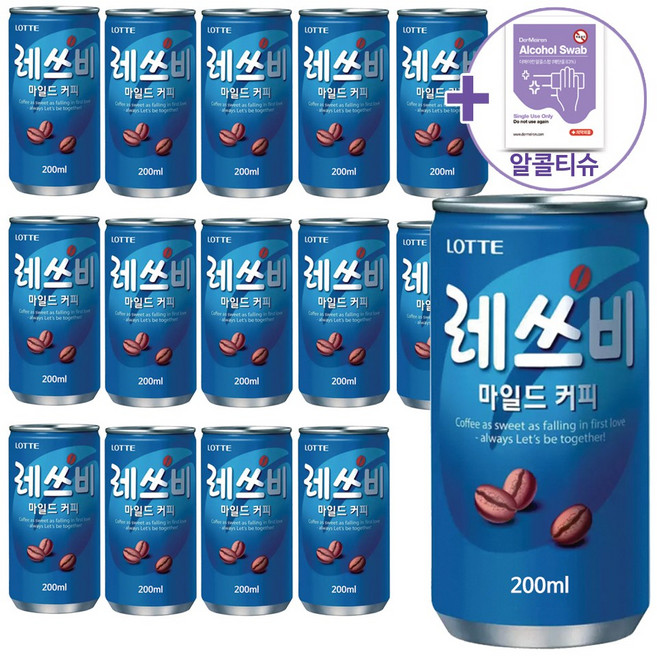 코스트코 레쓰비 마일드 캔커피 200ml X 15캔 + 더메이런알콜티슈, 15개