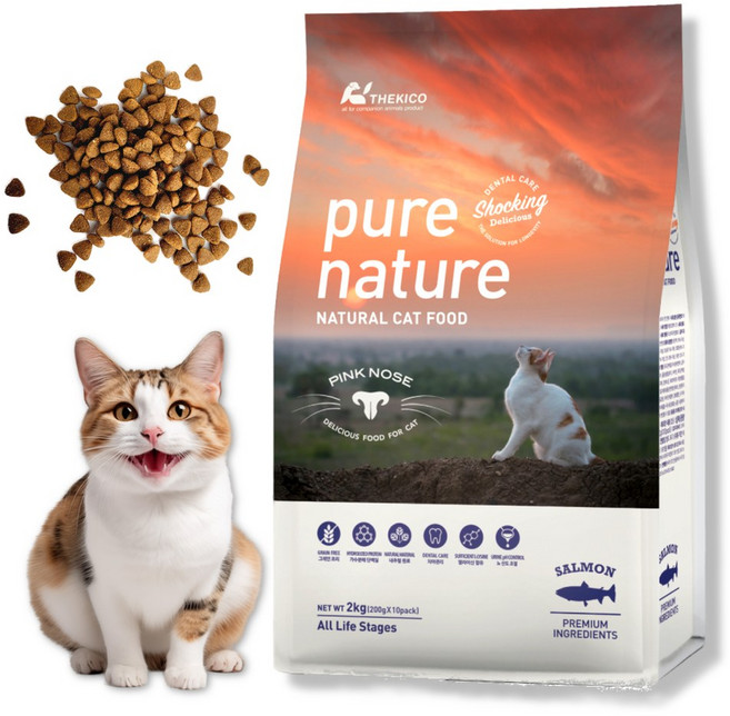 퓨어네이쳐 캣 프리미엄 고양이 사료 가수분해 저알러지 치석제거 구강 비만묘 다이어트, 2kg, 1개, 가수분해연어, 사료샘플 200g, 퓨어네이쳐 캣 연어
