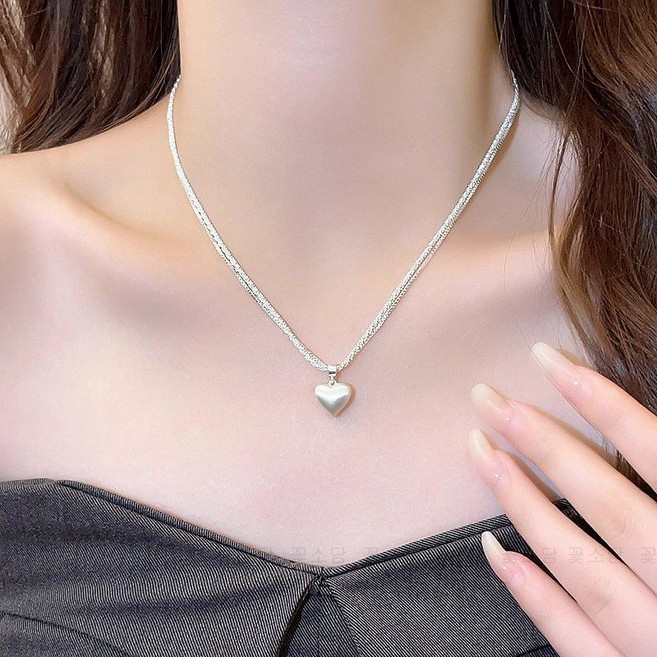 꽃소담 여성 레이어드 하트 패던트 샤이닝 은목걸이 데일리 써지컬스틸 은도금 실버 쇄골 목걸이 여자친구 선물 우정템 케이스포장 JQL125