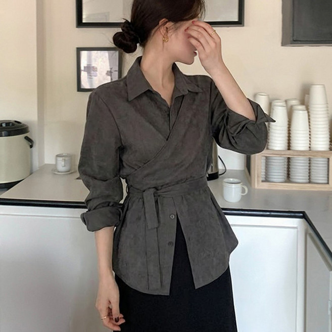 타니즈 여성용 로베스 긴팔 카라넥 랩 블라우스 셔츠