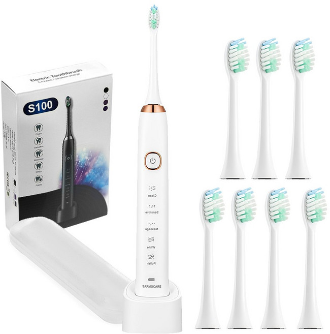 8개 교체 헤드가 있는 전동 칫솔 스마트 소닉 초음파 미백 치아 무선 IPX7, 01 WHITE, 1개