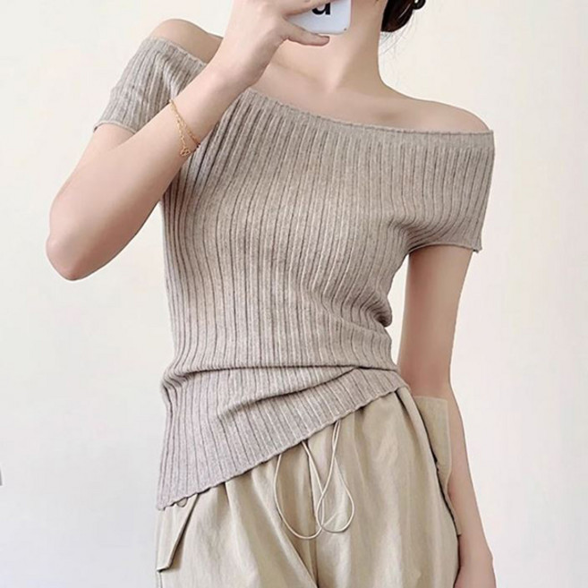 티티웍스 섹시한 여성 입술넥 스판 골지 슬림 오프숄더 반팔 세미크롭 니트