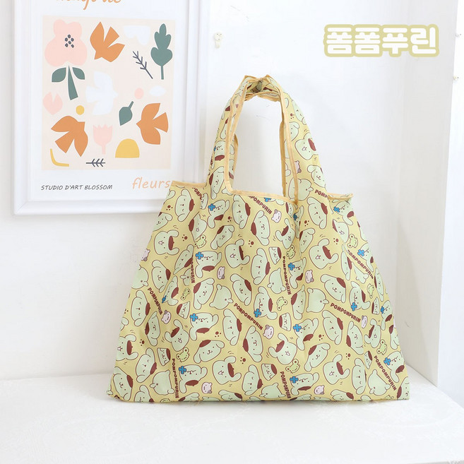 다나에 산리오 휴대용 접이식 빅사이즈 장바구니 에코백 시장가방+크세라스 머리끈, 1개, 폼폼푸린