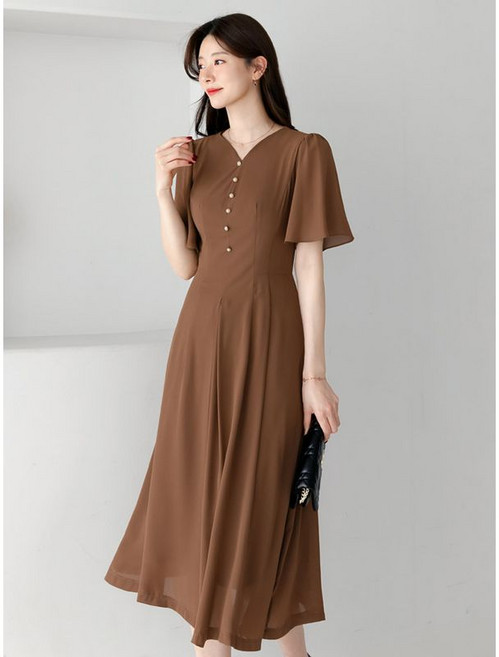 시크라인 XXL까지 브이넥 셔링 진주 장식 버튼 윙 소매 쉬폰 원피스 여름 하객룩 오피스룩 데이트 모임 미시 빅사이즈