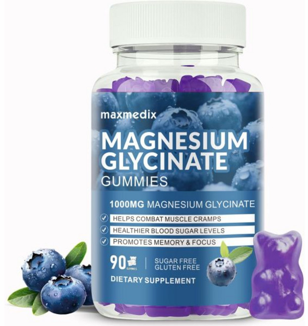 마그네슘 글리시네이트 구미 1000mg 무설탕 칼륨 씹어먹 젤리 성인용 L트레오네이트 포함 수면 신체 지원 이완용 딸기 맛 maxmedx, 블루베리