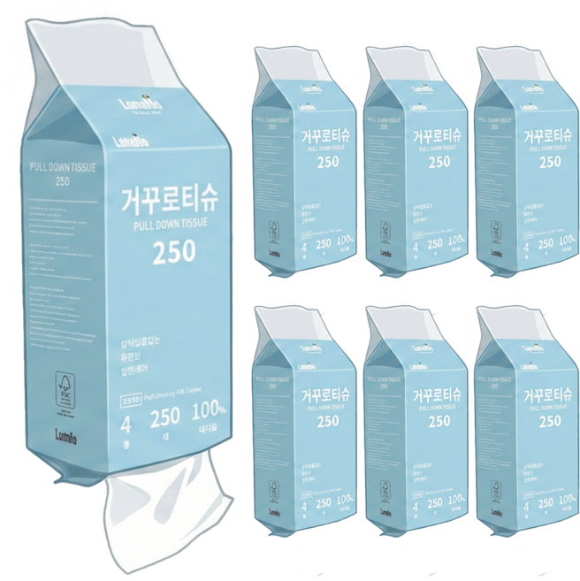 루넬 거꾸로티슈 4겹 도톰한 먼지없는 대나무 프리미엄 벽걸이 화장지, 6개, 250매입