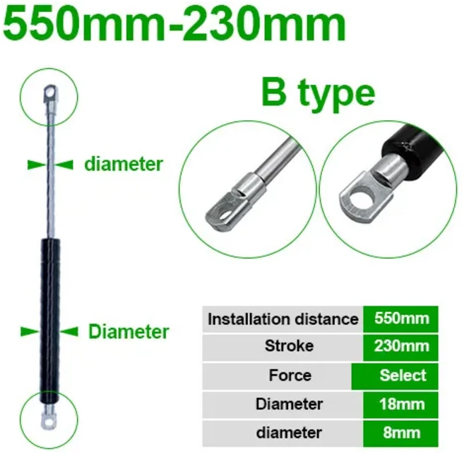 188 로드 가스 스프링 접이식 경첩 50N-500N/5kg-50kg 리프트 지지대 구멍 중심 거리 550mm 스트로크
