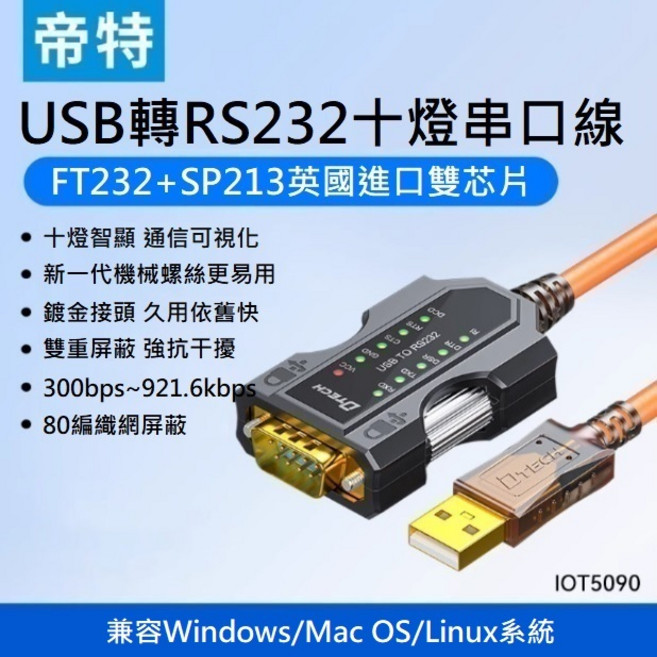 【勁祥科技】帝特USB轉RS232十燈工業級模塊db9通訊數調試線IOT5090, 1個