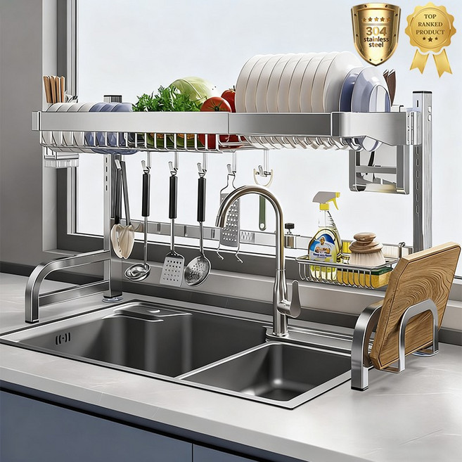 쟈오시 304 스텐 기둥식 싱크 선반 설거지건조대 확장형 폭조절 가능 무타공 식기건조대, 1개, 올인원 모듈, 1단