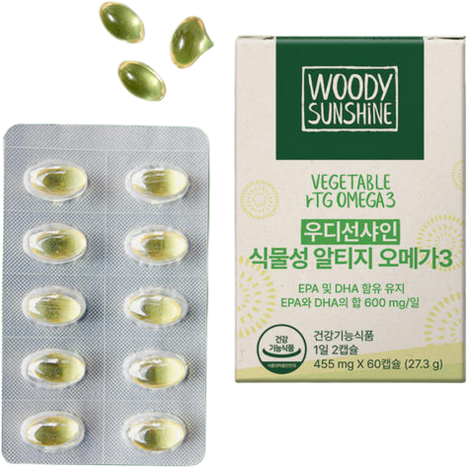우디선샤인 비건 식물성 알티지 rTG 오메가3 60캡슐 (1개월분) DHA 미세조류 임산부 어린이 키즈, 1개, 60정