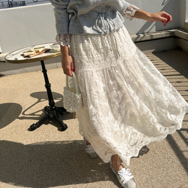 [난닝구]차무트 밴딩레이스플레어롱스커트