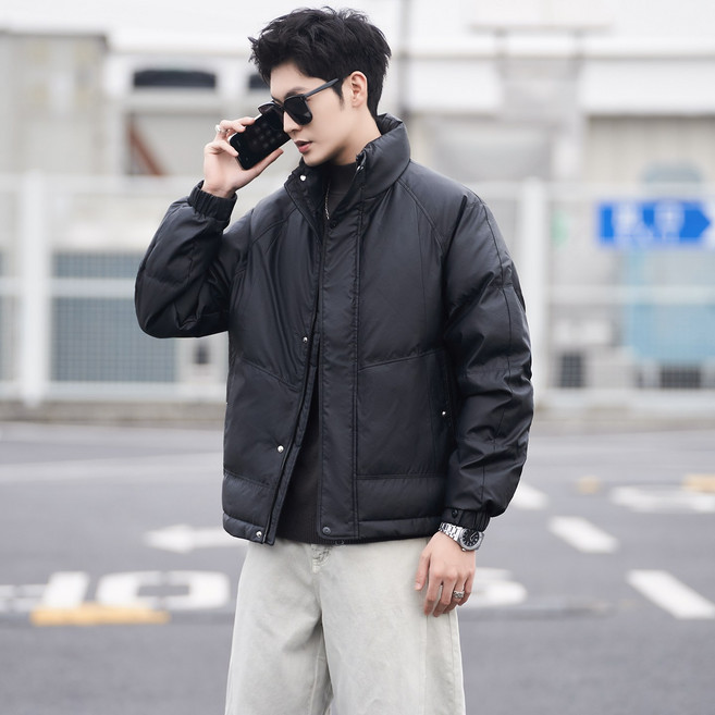 潮流休閒皮面防寒服 男士冬季暗紋保暖皮衣外套 短款運動羽絨服 保暖羽絨大衣 短版羽絨外套