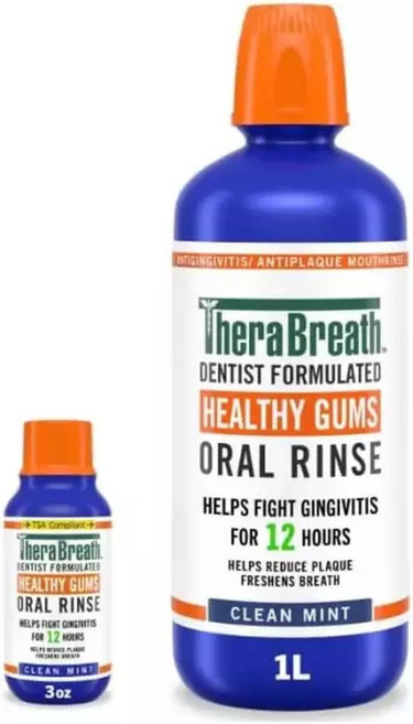 테라브레스 잇몸 구강청결제 클린 민트 항진균제 1리터(33.8온스) + 여행용 사이즈 3온스, 1개, 1L