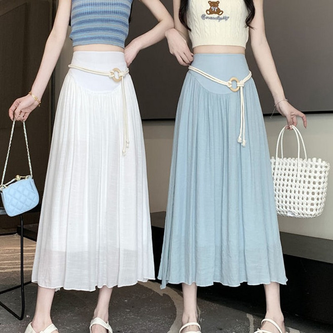 면 린넨 롱스커트 여름 시원한 a라인 플레어 치마 안감 플리츠 주름 치마+벨트