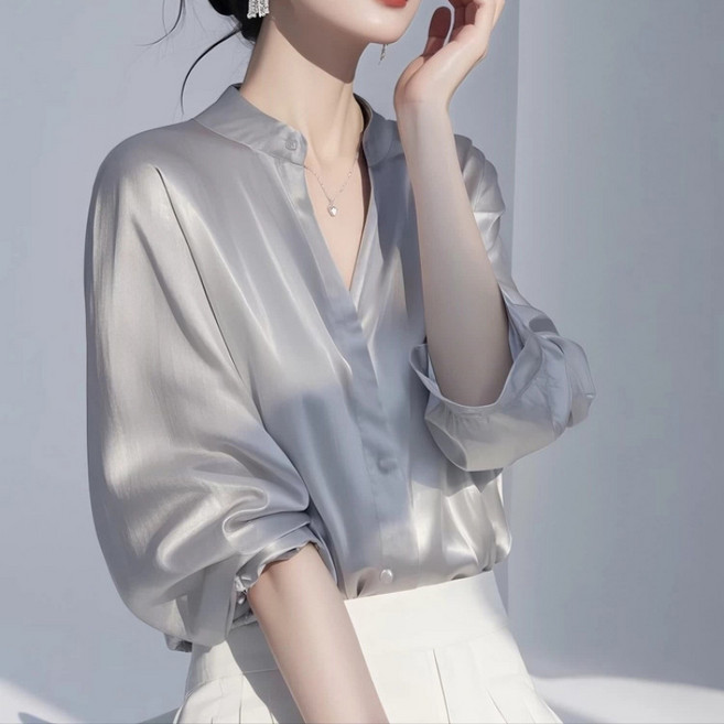 해피유통여성 봄 가을 브이넥 실크 블라우스 우아한 디자인 긴팔 편안한 셔츠