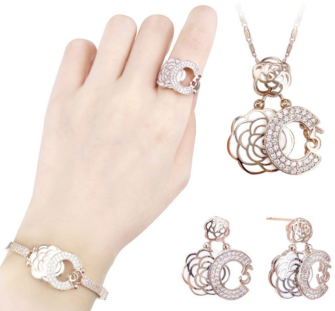 화이트 모던 엘레강스 로즈 반지 팔찌 귀걸이 목걸이 4종