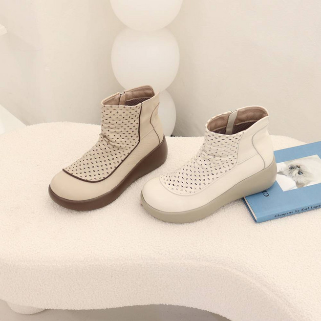지쎄수제화 양가죽 라인 포인트 탑펀칭 숏부츠 통굽 5cm-255빅사이즈 백아이보리 베이지 소라