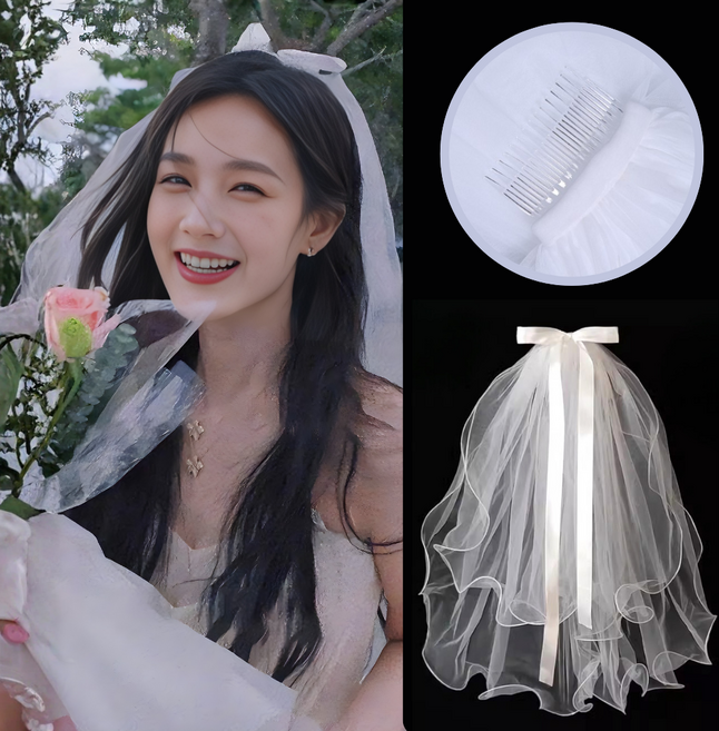 통품스토어 로맨틱웨딩 브라이덜 샤워 소품 리본 숏베일 클래식 레이스 새틴 면사포, 리본 레이스 숏베일, 1개, 화이트