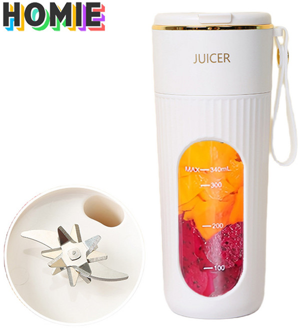 HOMIE 믹서기 14날 칼날 강력한 모터 착즙기 USB 충전식 휴대용 소형 믹서기 350ML, 하얀색