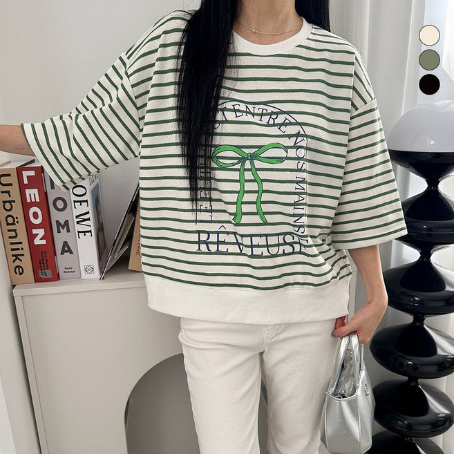 디테일웨어 여성 레베즈 단가라 반팔 맨투맨 리본 프린팅 루즈핏 7부소매 빅사이즈 스트라이프 임산부 티셔츠 캐주얼룩