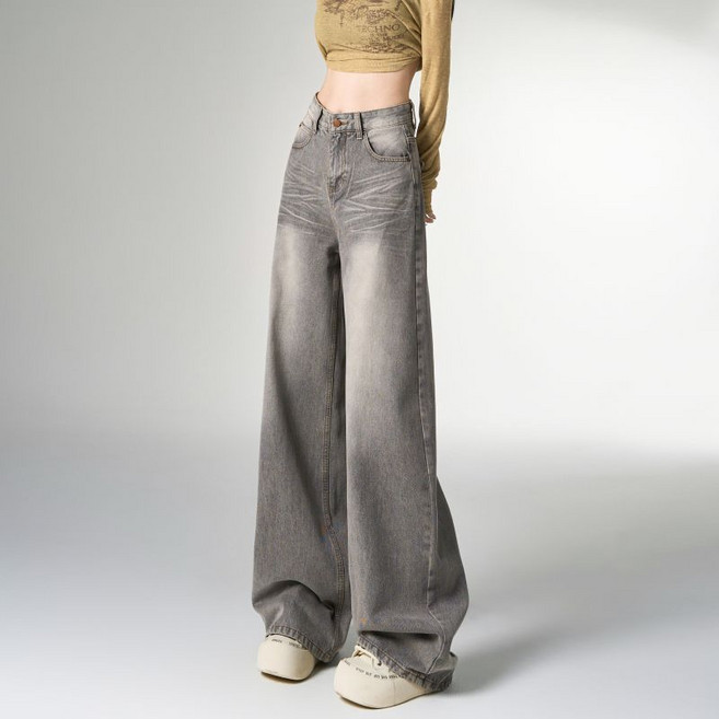 Makone 여성 하이웨이스트 빈티지 데님 팬츠 스트레이트 워싱 슬림핏 트랜드 코디네이터 청바지