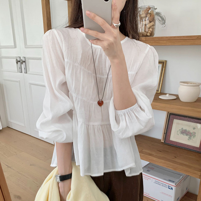 S~XL사이즈 여성 여리 러블리 퍼프 셔링 주름 밴딩 긴팔 블라우스 빅사이즈 L XL