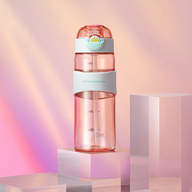 작은 프레시 플라스틱 컵 여자 휴대용 눈금 컵 산모 빨대 컵 고온 저항 컵, 0779핑크520ml, 520마라, 1개