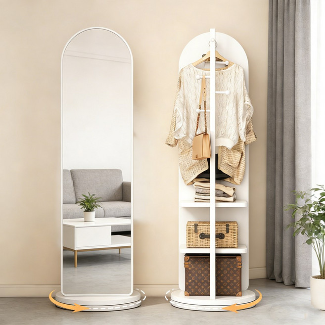 SOPUM HOUSE 다용도 회전식 옷걸이행거 전신거울 수납선반 스탠드행거, 화이트