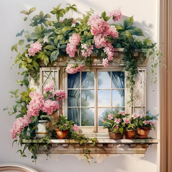 Equator 인테리어 스티커 안방 거실 욕실 주방 벽면 포인트 스티커, 핑크꽃창문