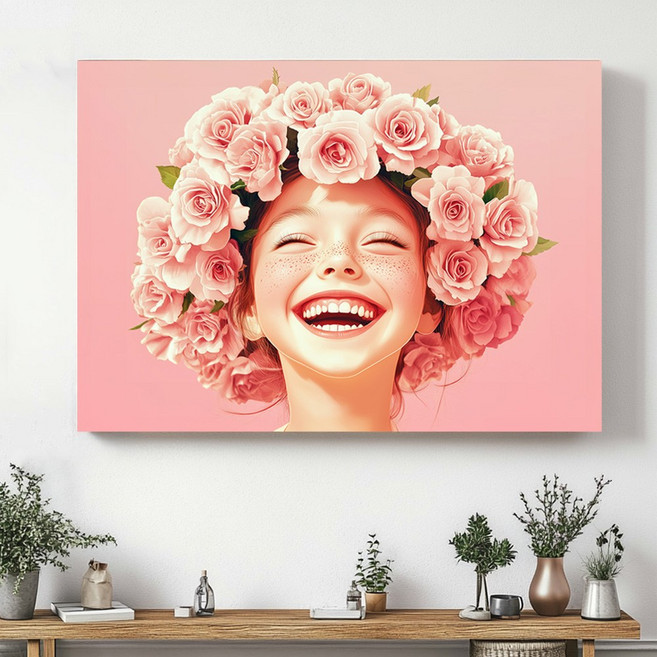 신원액자랜드 웃는 얼굴 스마일 예쁜 여자 그림 캔버스 액자 거실 인테리어 소품 힐링 미용실 카페 오픈 아이 어린이 방, 06.장미미소, 03.A2 (59.4X42cm), 01.캔버스액자