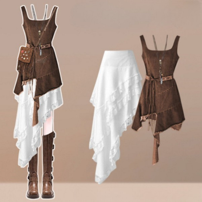 여성 카우보이 스커트 세트 언발 비대칭 히피 카우걸 레이어드