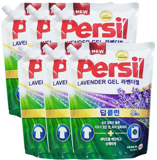 헨켈 퍼실 딥클린 라벤더젤 액체세탁세제 일반드럼겸용 리필 액상세제, 1.5L, 6개