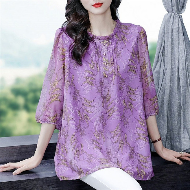 Vezri 50~60세 여성용 빅사이즈 쉬폰 7부소매 여름 블라우스