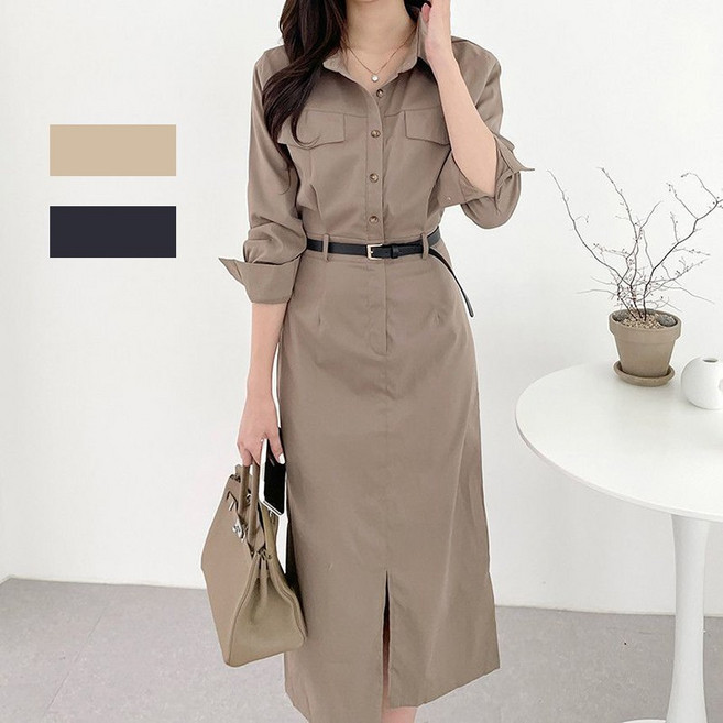 JUSTFEELING 우아한 여성 긴팔원피스 셔츠원피스 하객룩 날씬해보이는 앞트임 카고 원피스 데일리 직장인 랩스커트 허리띠포함