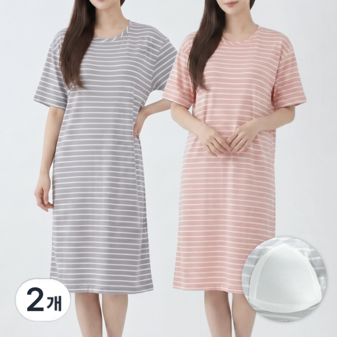 IAWI 캡내장 심플 스트라이프 원피스 반팔 잠옷 속옷 없이 입는 노브라 롱원피스 파자마 [2개세트]