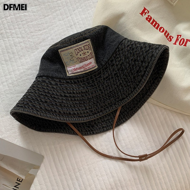 DFMEI 日系貼布牛仔漁夫帽女復古水洗做舊大帽檐盆帽顯臉小遮陽防曬帽子