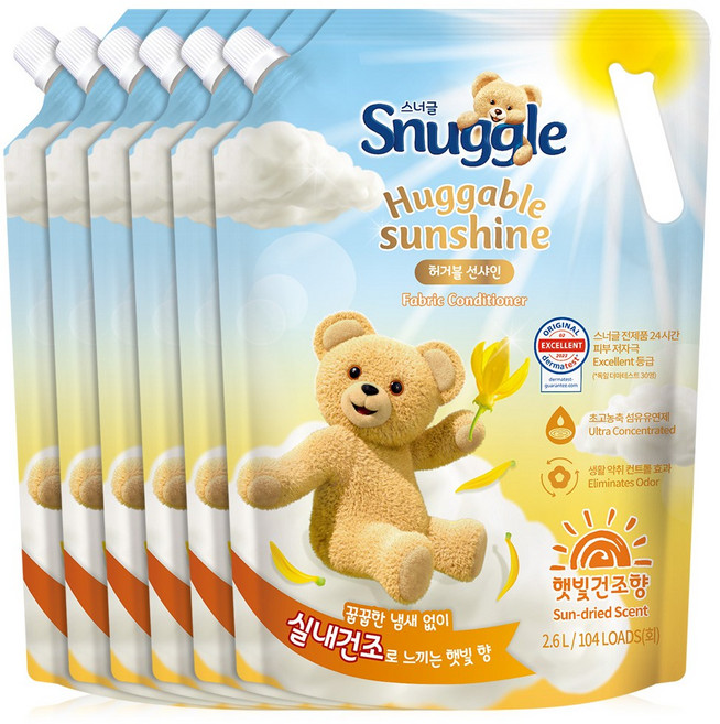 스너글 허거블 선샤인 섬유유연제 햇빛건조향 리필, 2.6L, 6개