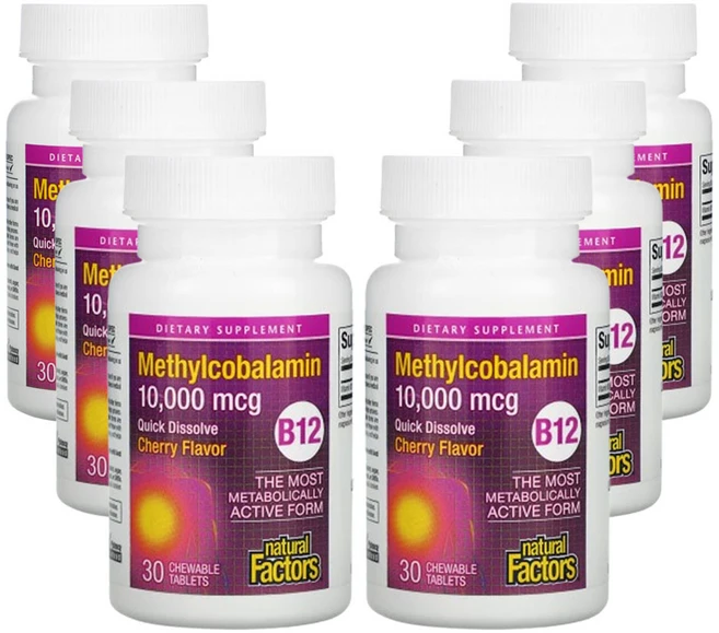 네츄럴팩터스 B12 메틸코발라민 체리 10 000mcg 츄어블 30 정, 6개 - 쿠팡