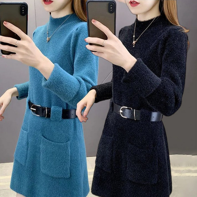 겨울 두꺼운 빅사이즈 라운드넥 니트 원피스 루즈핏 미디 롱니트 오버핏 홀리데이 드레스