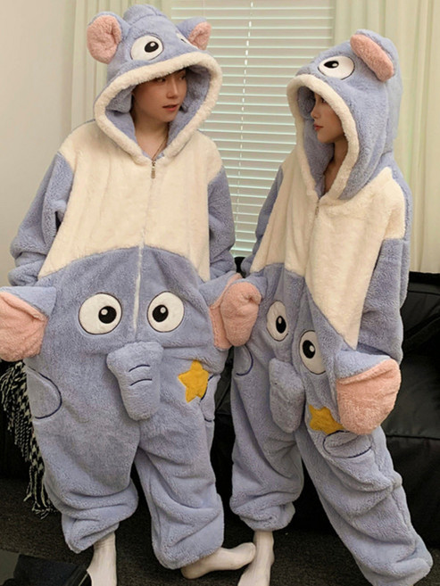 커플겨울잠옷 세트 양털 점프수트 귀여운 고양이 캐릭터 스타일 빅사이즈 남녀공용