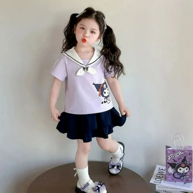 SFYJ 산리오 쿠로미 여름 여아 세일러 넥 반팔 스커트 세트 주니어 큐티 톱 케이크 스커트 투피스