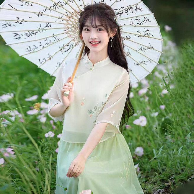 여성 여름 개량 한복 세트 드레스 차이나 카라 원피스 치마 저고리 꽃무늬 사진 촬영 계량