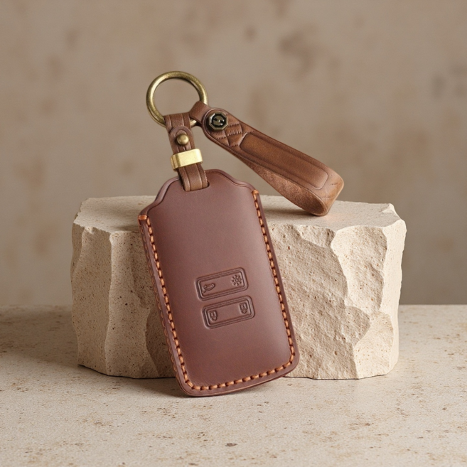 GASUNG 르노/삼성 가죽 차키케이스 키홀더+ Renault/Samsung 차량용 키커버 (르노/삼성 4버튼호환), 레트로 브라운, 1개