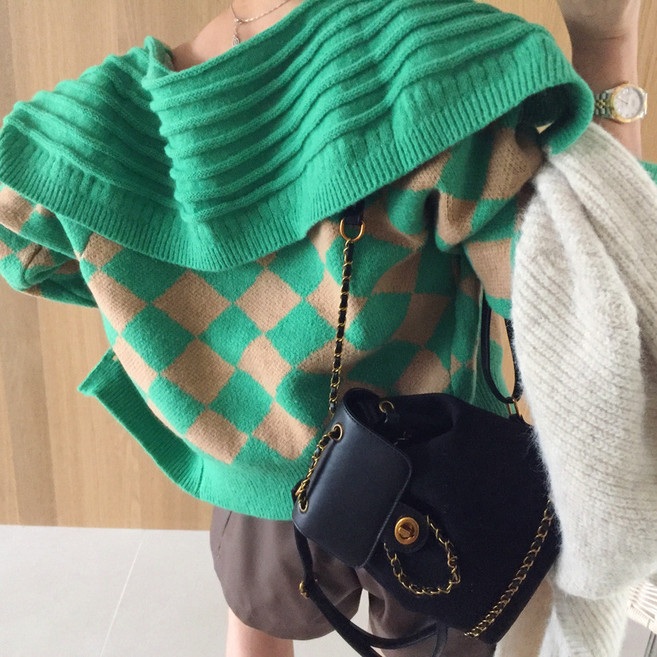 [아이미마인] 머쉬룸 세일러 빅카라 다이아 아가일 패턴 세미크롭 니트가디건 (4color)