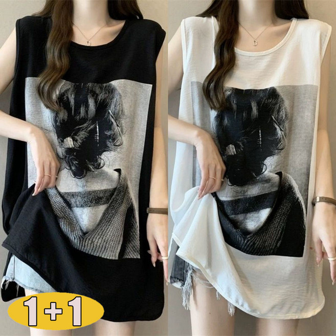 1+1 여성 여름 오버사이즈 프린트 나시탑 브이넥 캐주얼 데일리 패션 빅사이즈 나시